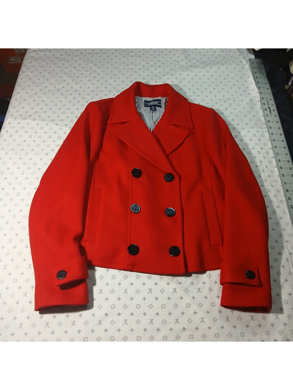 Lands End Red Cropped Peacoat Jacket Wool Blend Retro Preppy Streetwear 12P